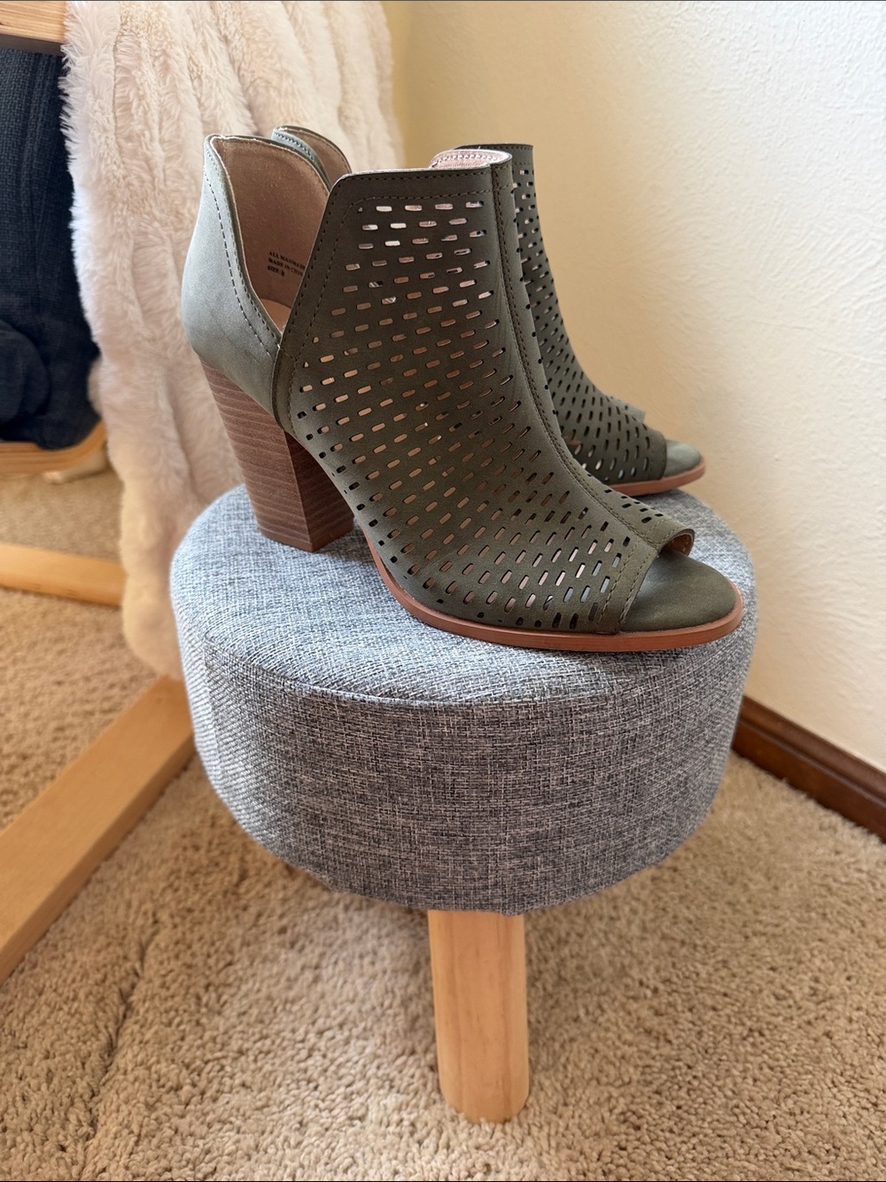 Women's Olive Perforated Peep-Toe Block Heel Booties